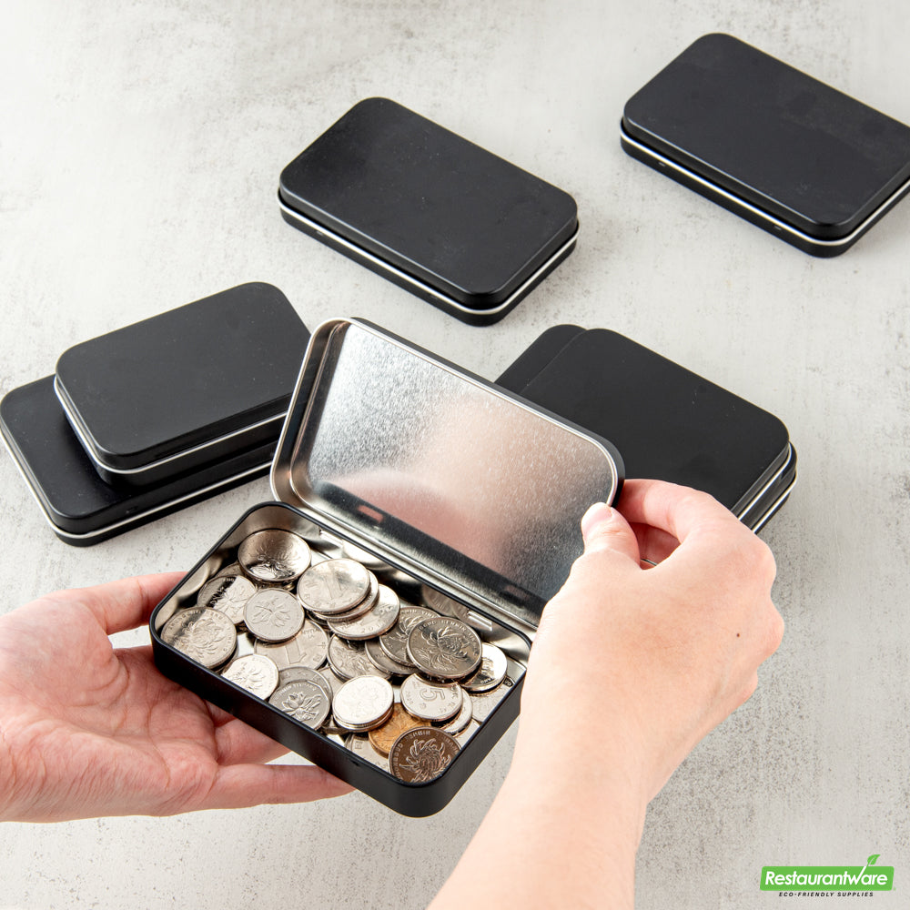 Wholesale Restaurantware RW Base 6 oz Rectangle Black Tin Container - with Hinged Lid- Bulk