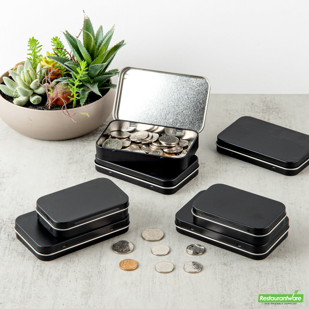 Wholesale Restaurantware RW Base 6 oz Rectangle Black Tin Container - with Hinged Lid- Bulk
