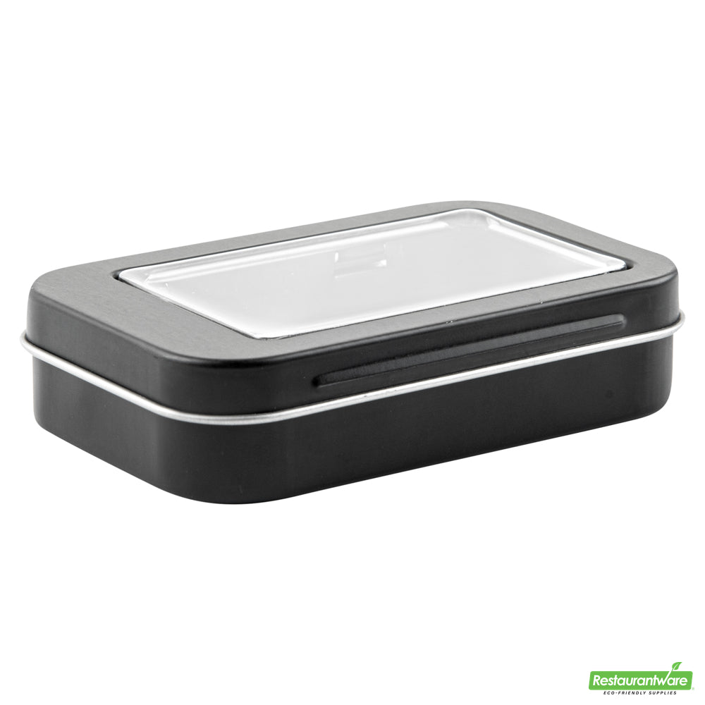 Wholesale Restaurantware RW Base 4 oz Rectangle Black Tin Container - with Window Lid- Bulk