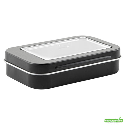 Wholesale Restaurantware RW Base 4 oz Rectangle Black Tin Container - with Window Lid- Bulk
