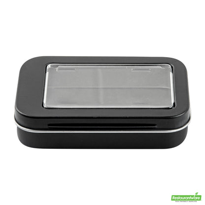 Wholesale Restaurantware RW Base 4 oz Rectangle Black Tin Container - with Window Lid- Bulk