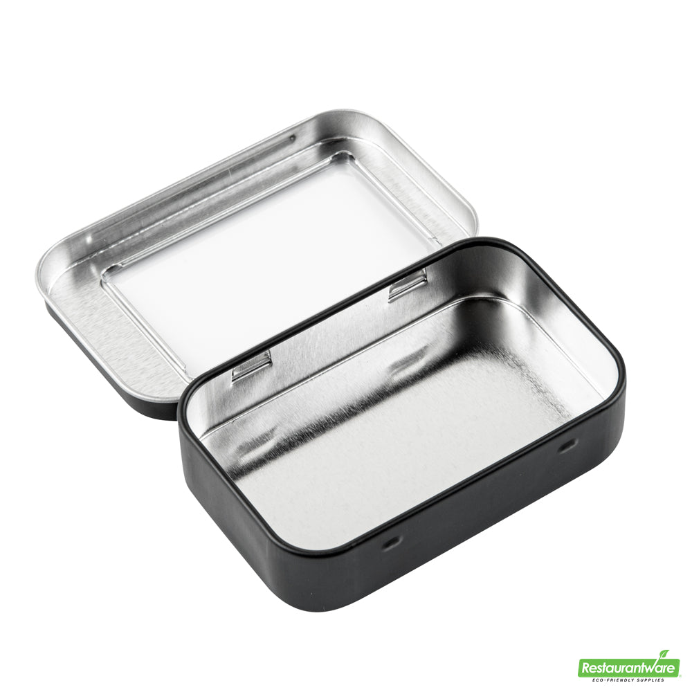 Wholesale Restaurantware RW Base 4 oz Rectangle Black Tin Container - with Window Lid- Bulk