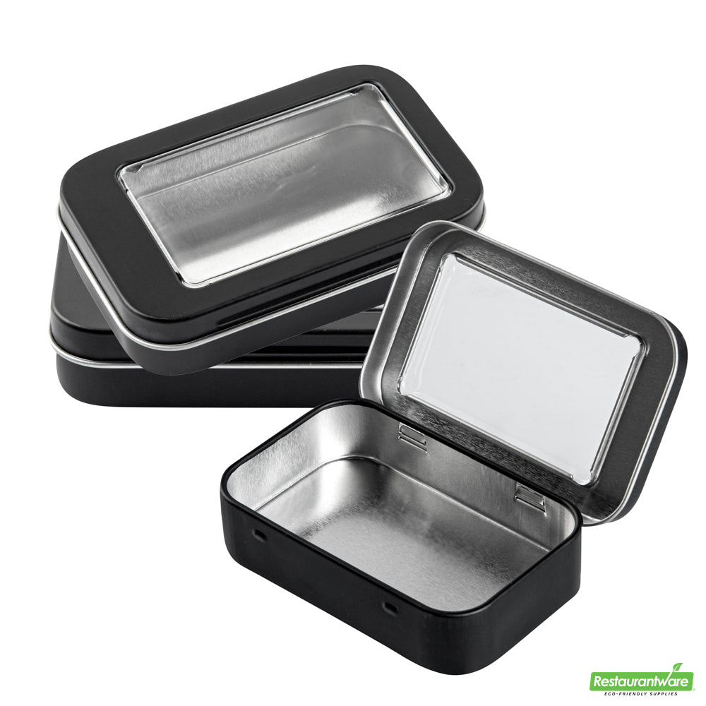 Wholesale Restaurantware RW Base 4 oz Rectangle Black Tin Container - with Window Lid- Bulk