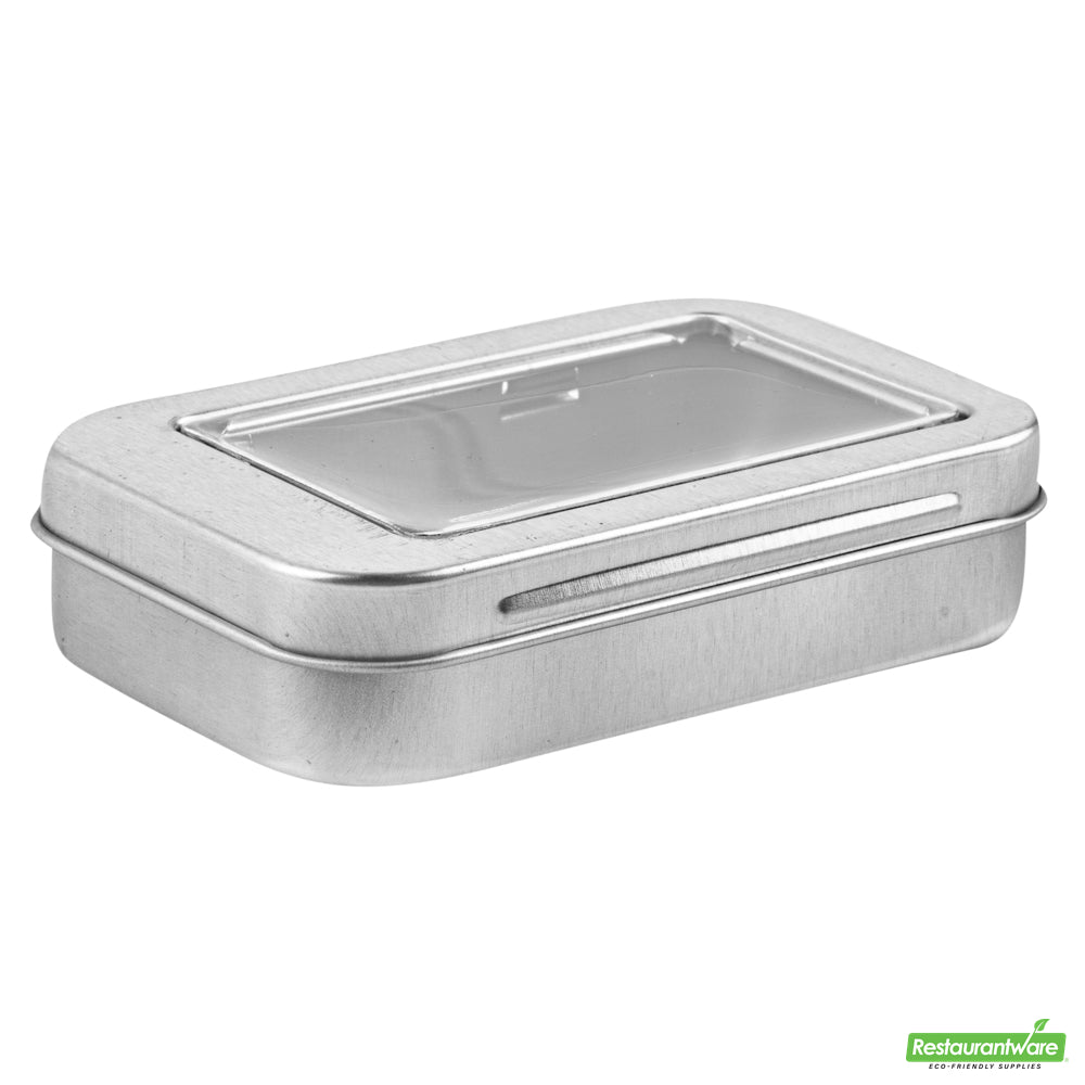 Wholesale Restaurantware RW Base 4 oz Rectangle Silver Tin Container - with Window Lid- Bulk