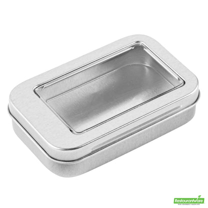 Wholesale Restaurantware RW Base 4 oz Rectangle Silver Tin Container - with Window Lid- Bulk