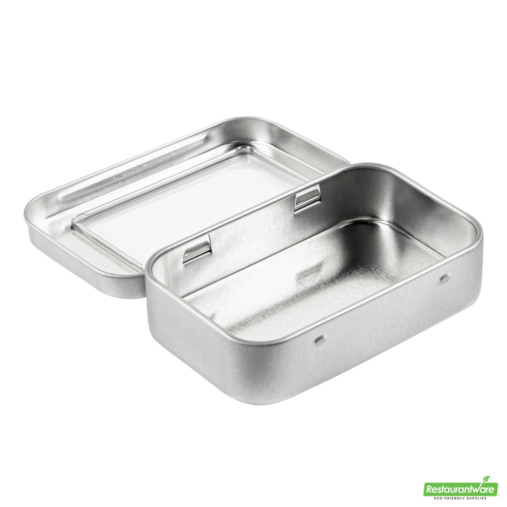 Wholesale Restaurantware RW Base 4 oz Rectangle Silver Tin Container - with Window Lid- Bulk