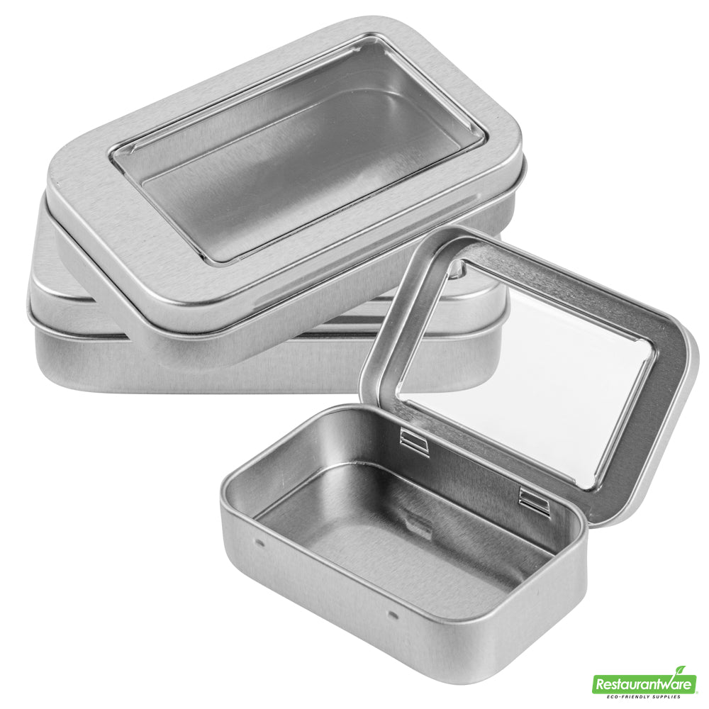 Wholesale Restaurantware RW Base 4 oz Rectangle Silver Tin Container - with Window Lid- Bulk