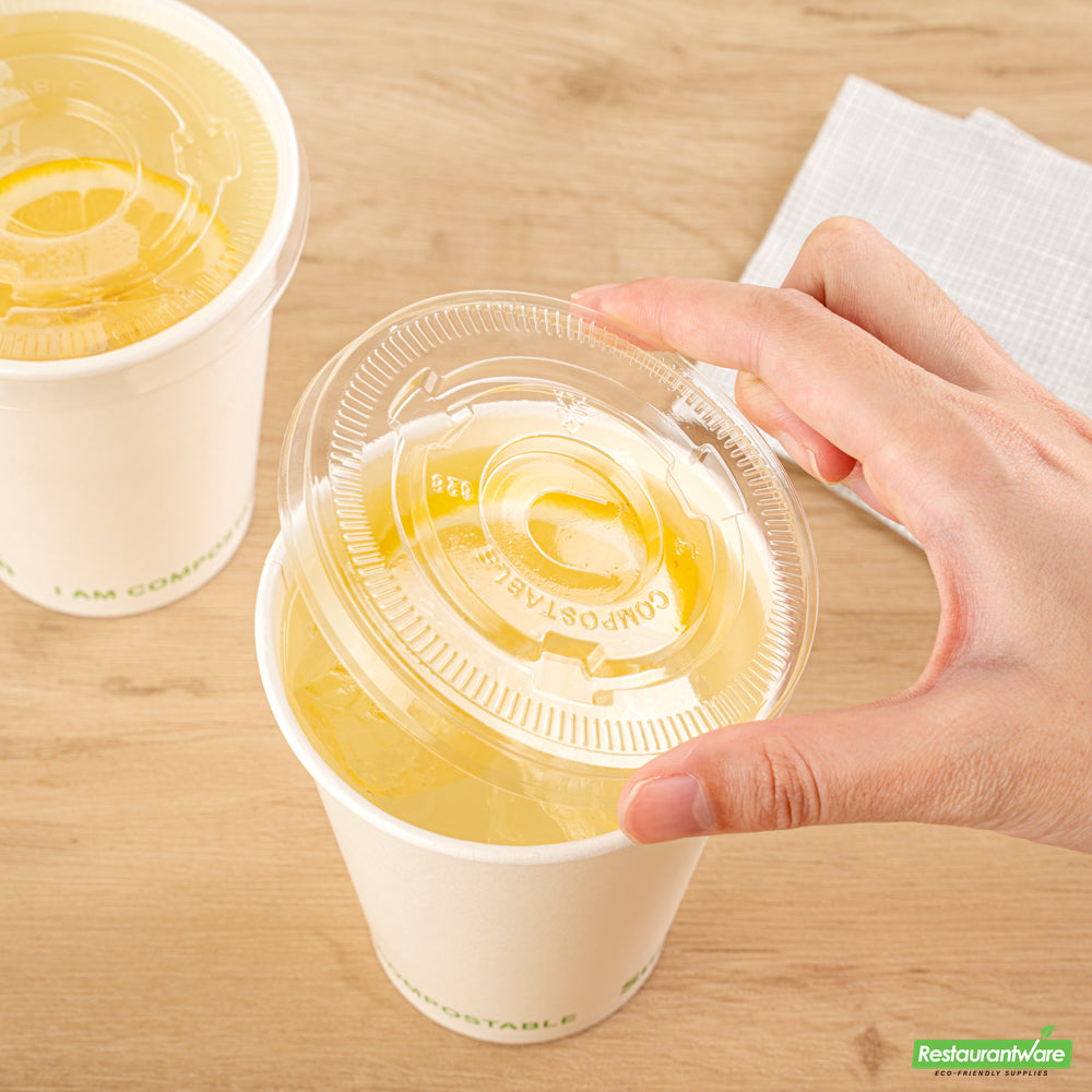 Wholesale Restaurantware Sustain Clear Pla Plastic Cold Cup Flat Lid - Fits 9, 12, 16, 20 and 22 Oz, Compostable- Bulk