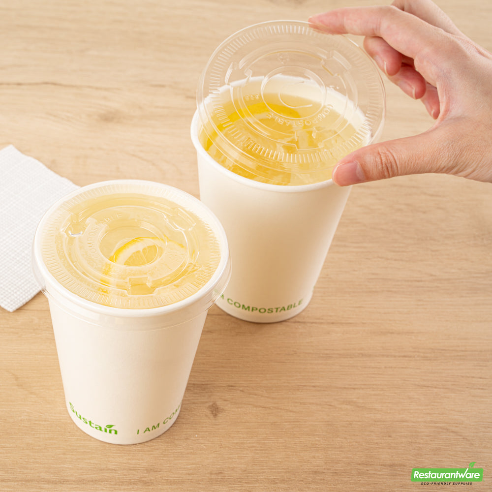 Wholesale Restaurantware Sustain Clear Pla Plastic Cold Cup Flat Lid - Fits 9, 12, 16, 20 and 22 Oz, Compostable- Bulk