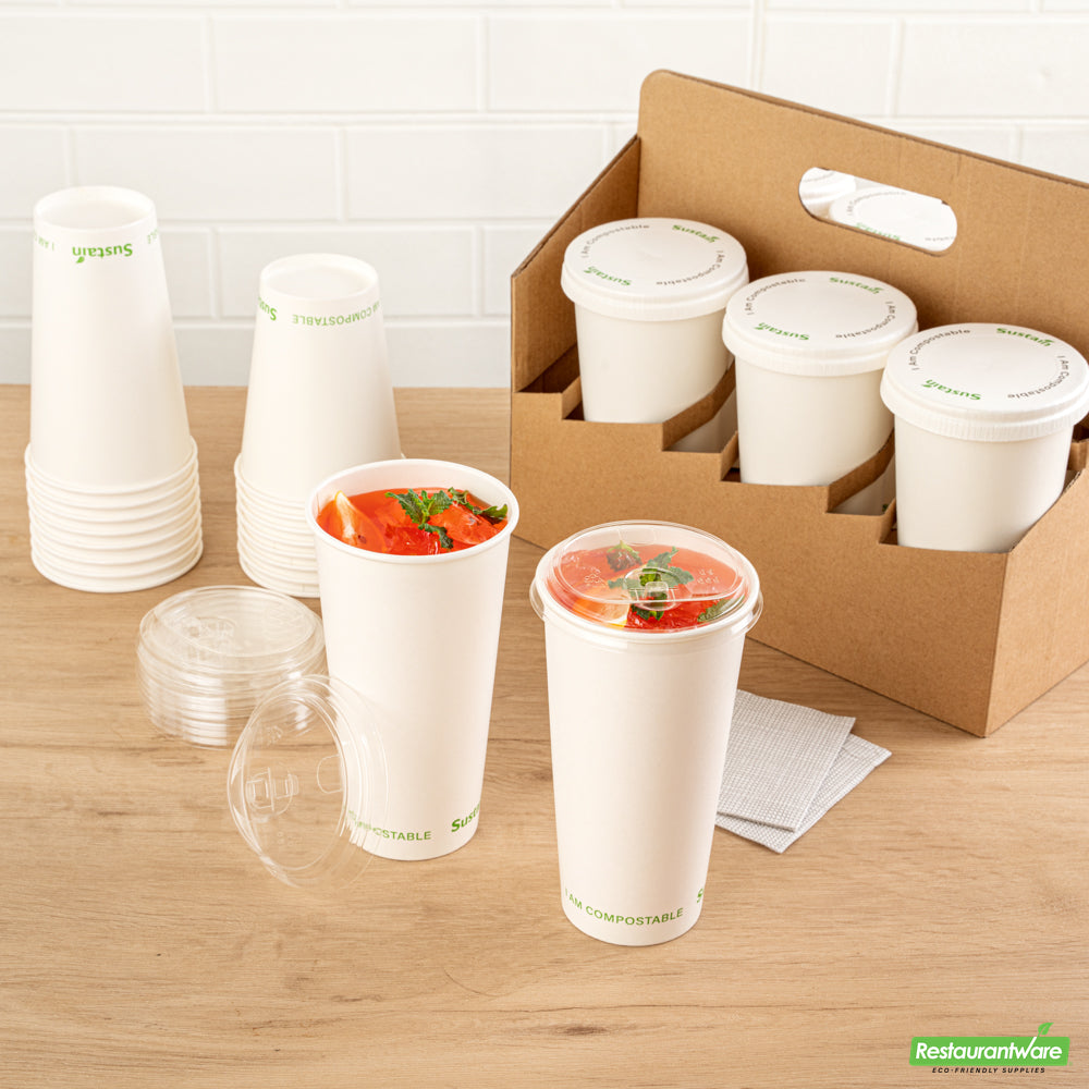 Wholesale Restaurantware Sustain Clear Pla Plastic Straw or Sip Cold Cup Lid - Fits 9, 12, 16, 20 and 22 Oz, Compostable- Bulk