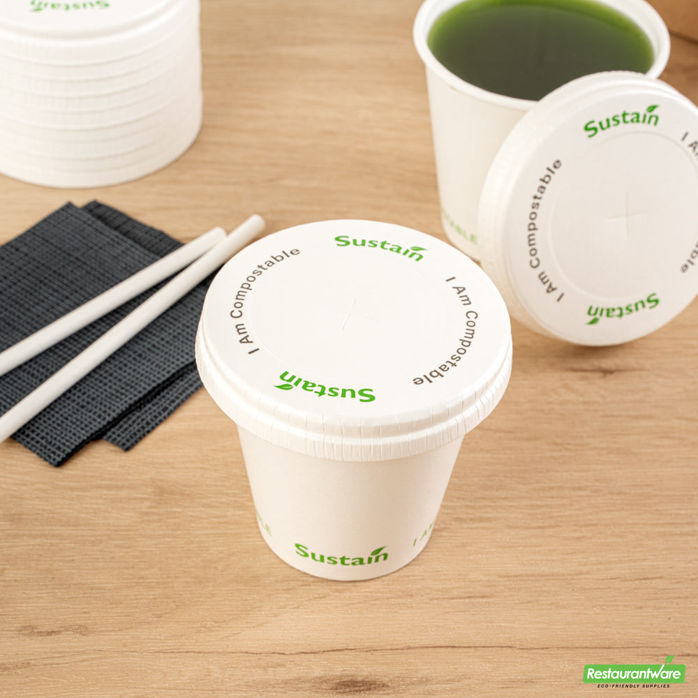 Wholesale Restaurantware Sustain White Paper Cold Cup Flat Lid - Fits 9, 12, 16, 20 and 22 oz, PLA Lining, Compostable- Bulk