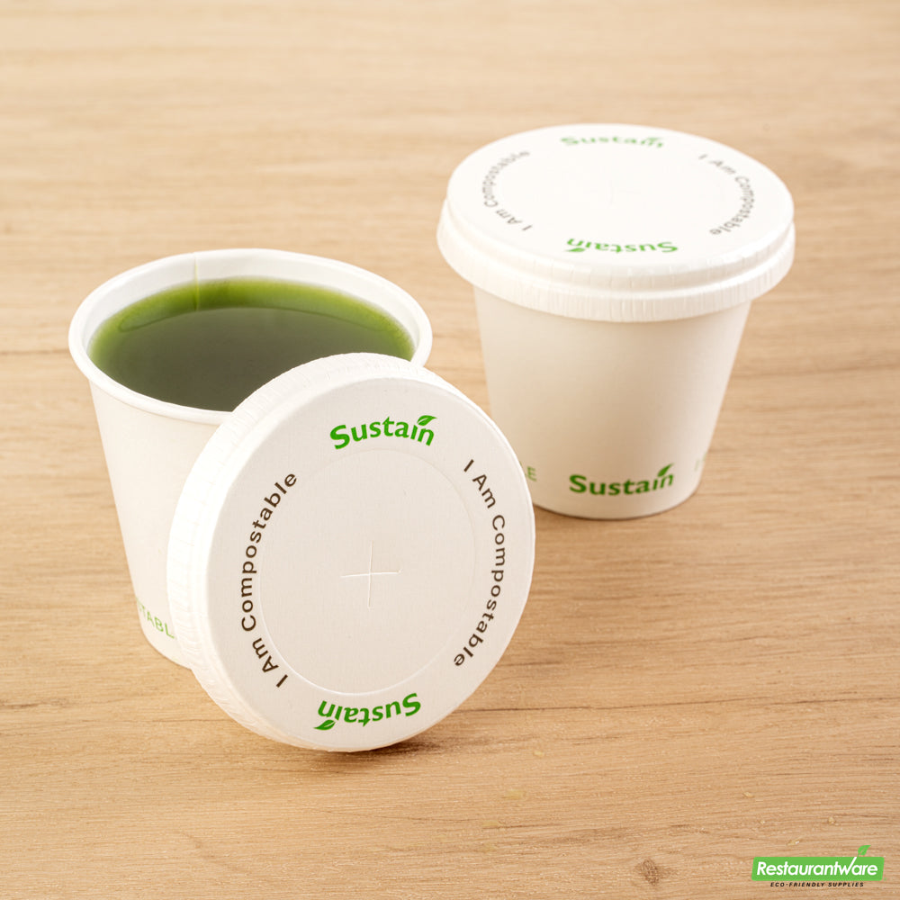 Wholesale Restaurantware Sustain White Paper Cold Cup Flat Lid - Fits 9, 12, 16, 20 and 22 oz, PLA Lining, Compostable- Bulk