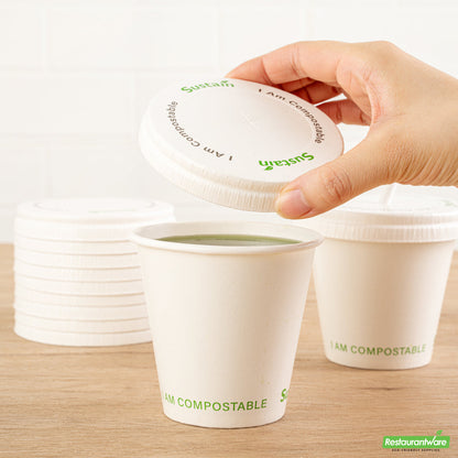 Wholesale Restaurantware Sustain White Paper Cold Cup Flat Lid - Fits 9, 12, 16, 20 and 22 oz, PLA Lining, Compostable- Bulk