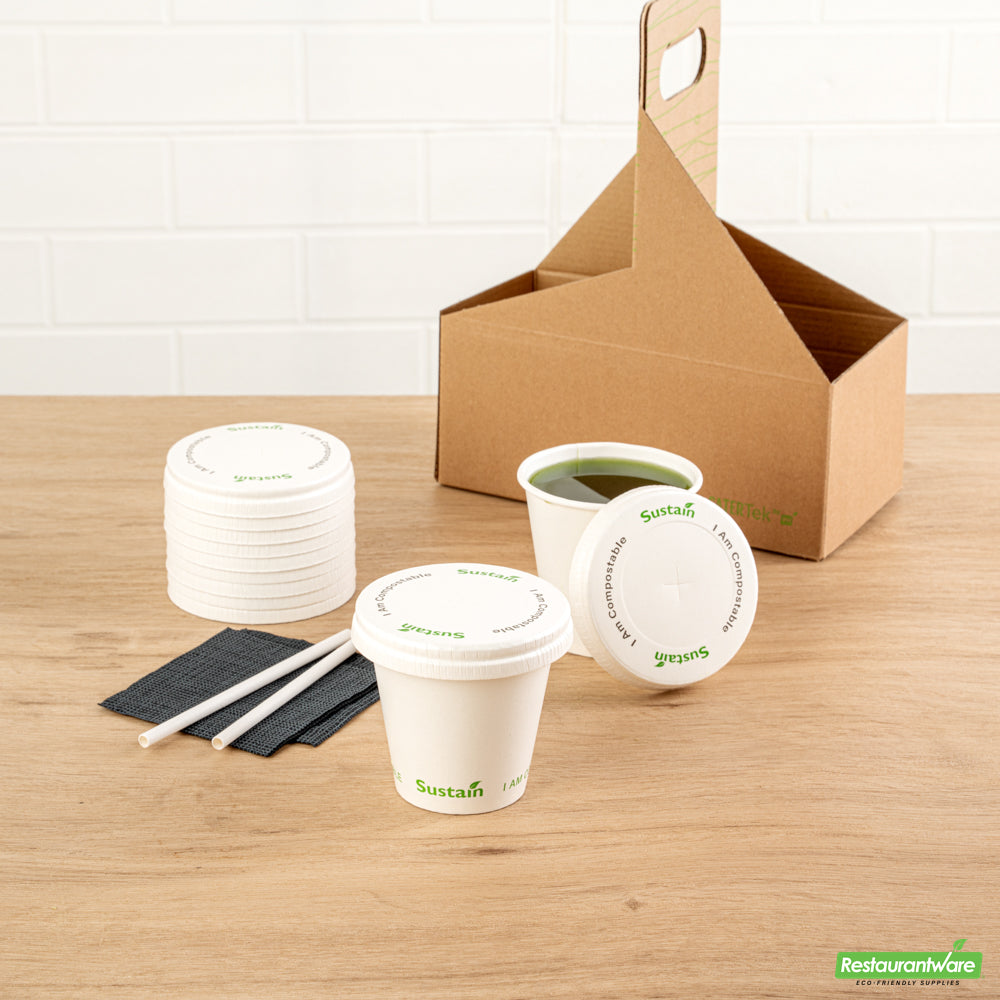 Wholesale Restaurantware Sustain White Paper Cold Cup Flat Lid - Fits 9, 12, 16, 20 and 22 oz, PLA Lining, Compostable- Bulk