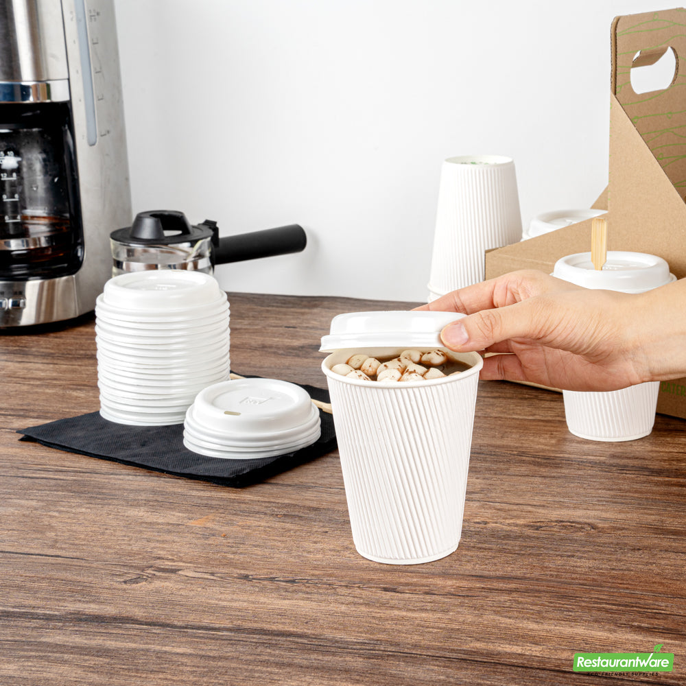 Wholesale Restaurantware Restpresso Glossy White Plastic Coffee Cup Lid - Fits 8, 12, 16 and 20 oz- Bulk