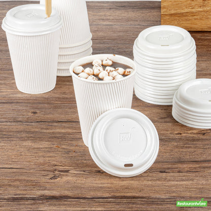 Wholesale Restaurantware Restpresso Glossy White Plastic Coffee Cup Lid - Fits 8, 12, 16 and 20 oz- Bulk