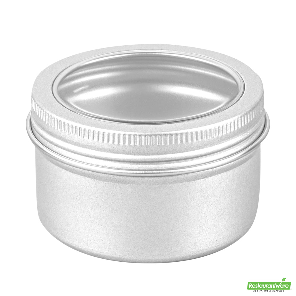 Wholesale Restaurantware RW Base 4 oz Round Silver Tin Container - with Window Lid- Bulk