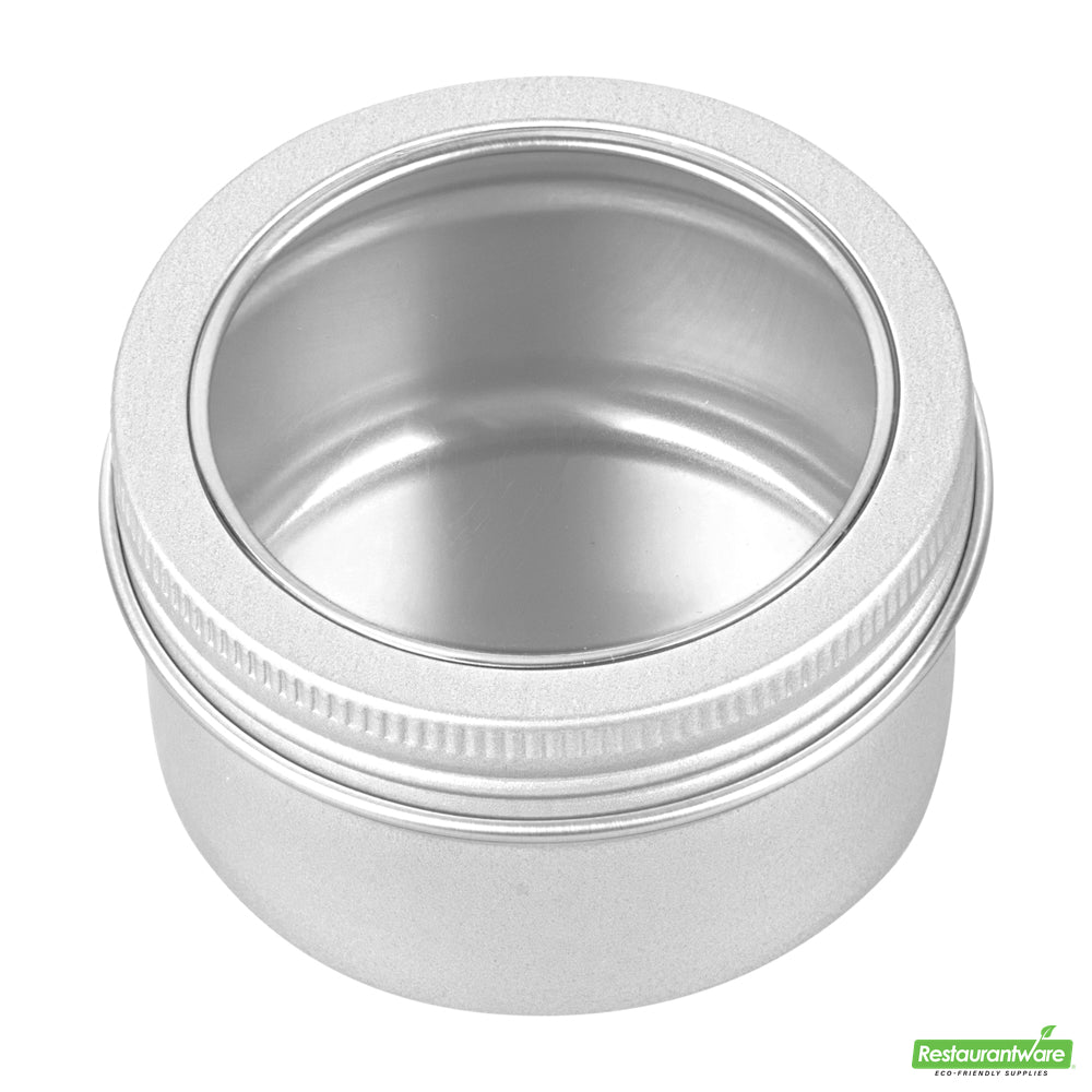 Wholesale Restaurantware RW Base 4 oz Round Silver Tin Container - with Window Lid- Bulk