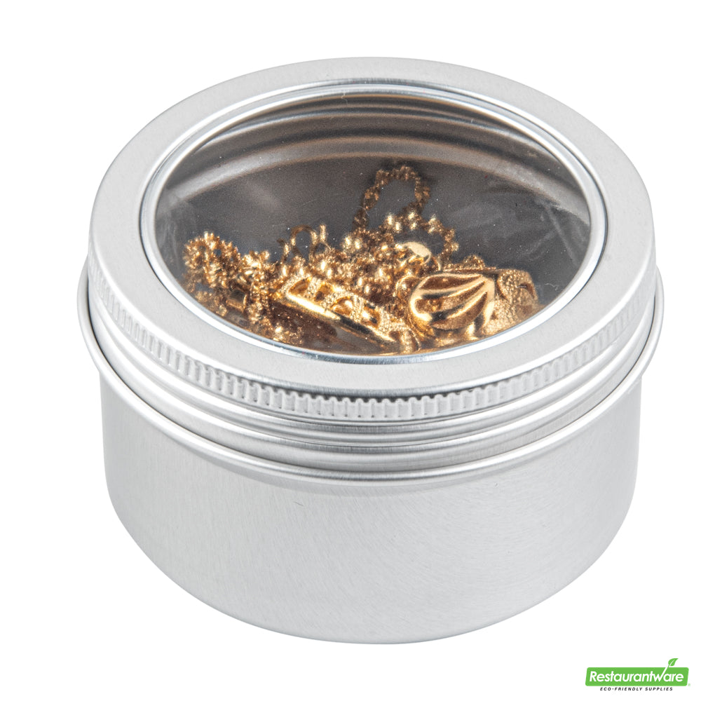 Wholesale Restaurantware RW Base 4 oz Round Silver Tin Container - with Window Lid- Bulk