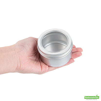 Wholesale Restaurantware RW Base 4 oz Round Silver Tin Container - with Window Lid- Bulk