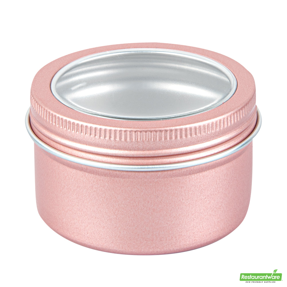 Wholesale Restaurantware RW Base 4 oz Round Rose Gold Tin Container - with Window Lid- Bulk