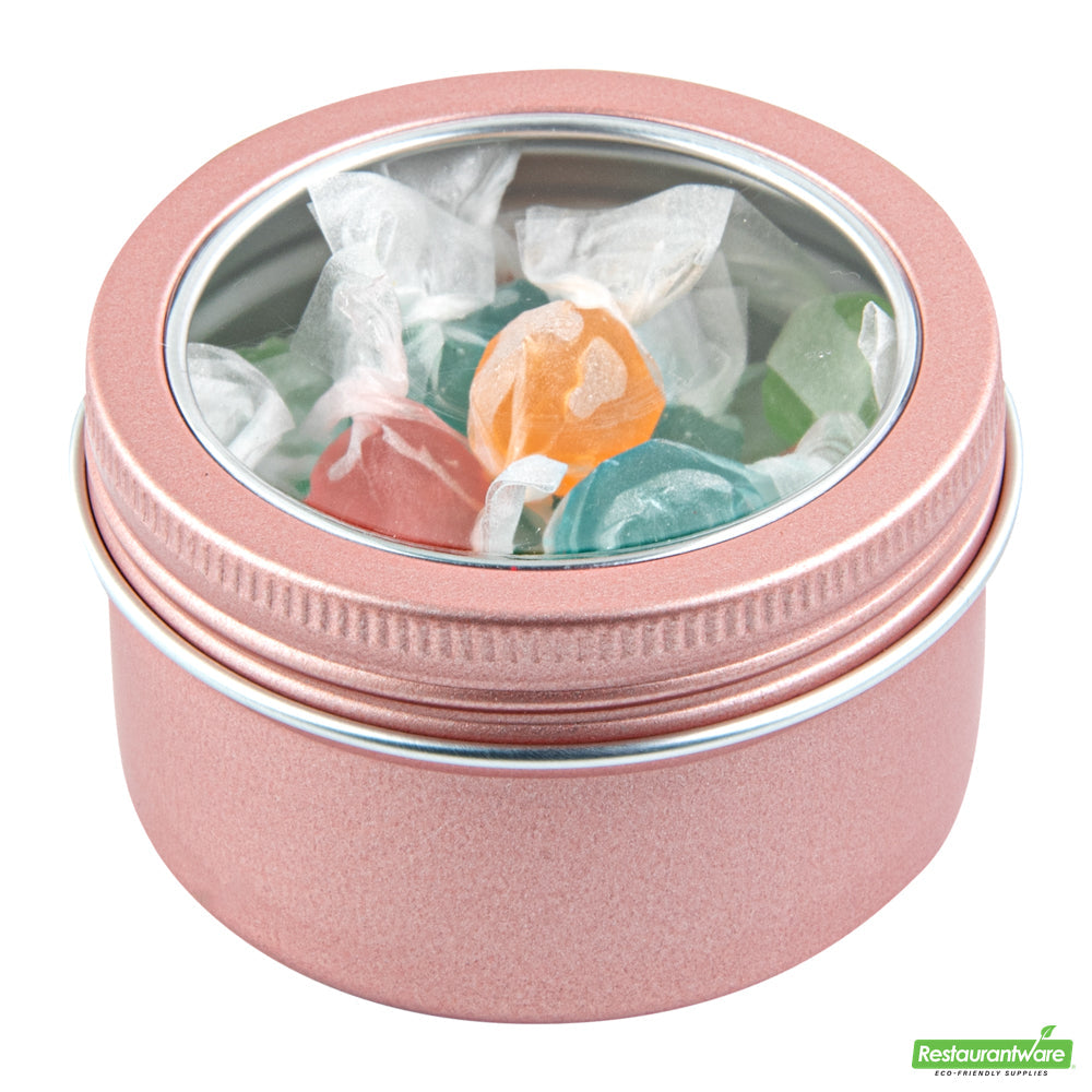 Wholesale Restaurantware RW Base 4 oz Round Rose Gold Tin Container - with Window Lid- Bulk