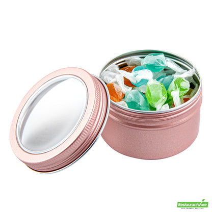 Wholesale Restaurantware RW Base 4 oz Round Rose Gold Tin Container - with Window Lid- Bulk