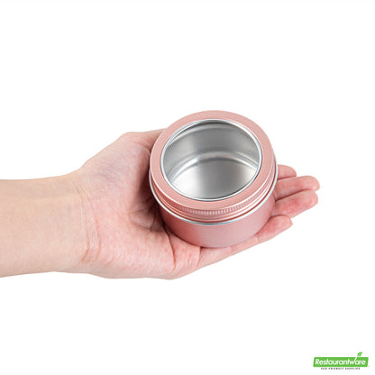 Wholesale Restaurantware RW Base 4 oz Round Rose Gold Tin Container - with Window Lid- Bulk