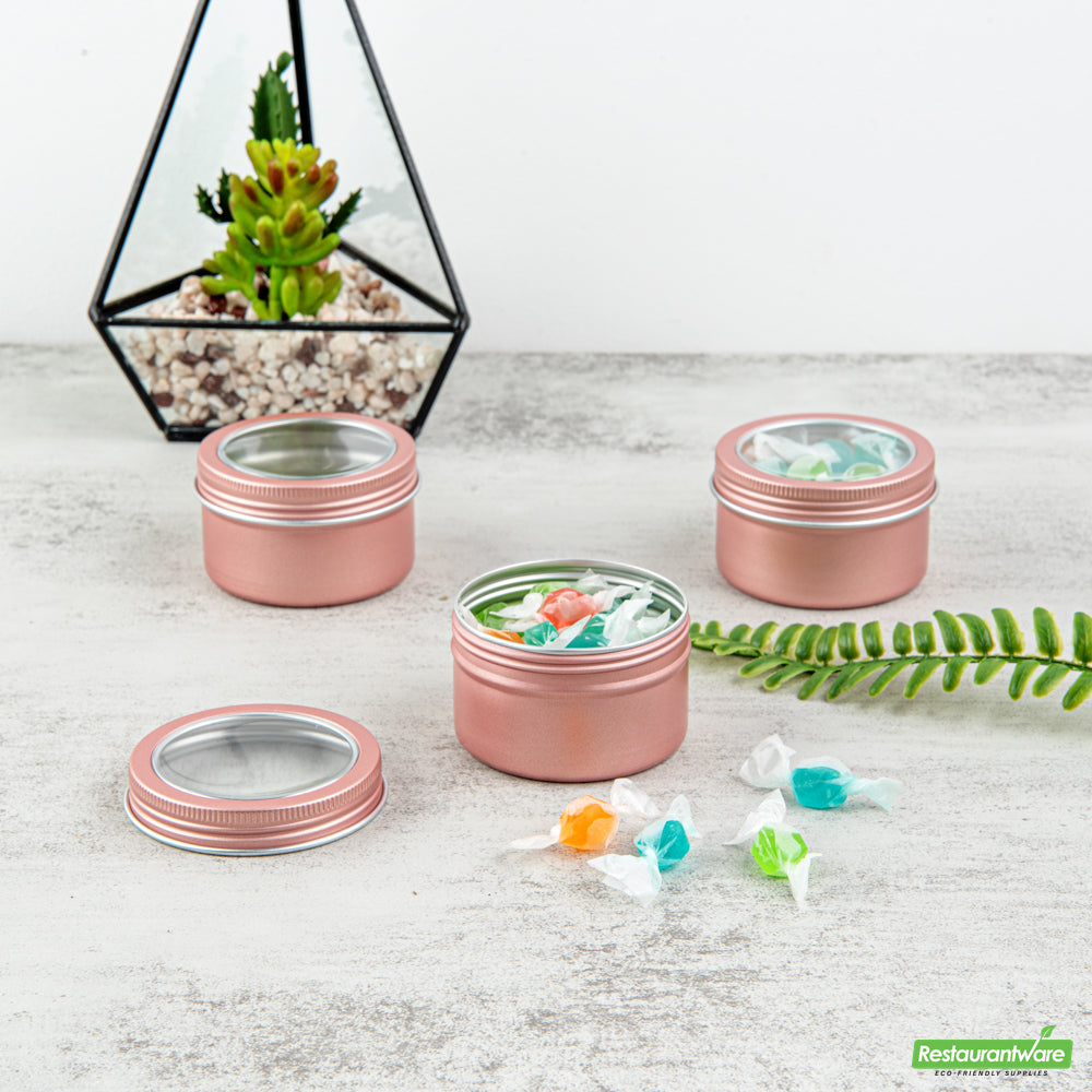 Wholesale Restaurantware RW Base 4 oz Round Rose Gold Tin Container - with Window Lid- Bulk