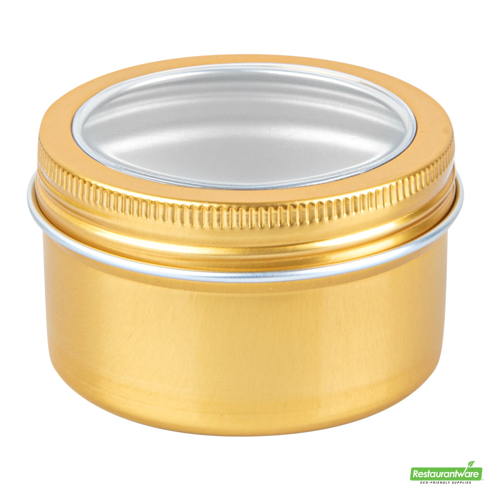 Wholesale Restaurantware 4 Oz Round Gold Tin Container - with Window Lid - 2.7" X 2.7" X 1.7"- Bulk