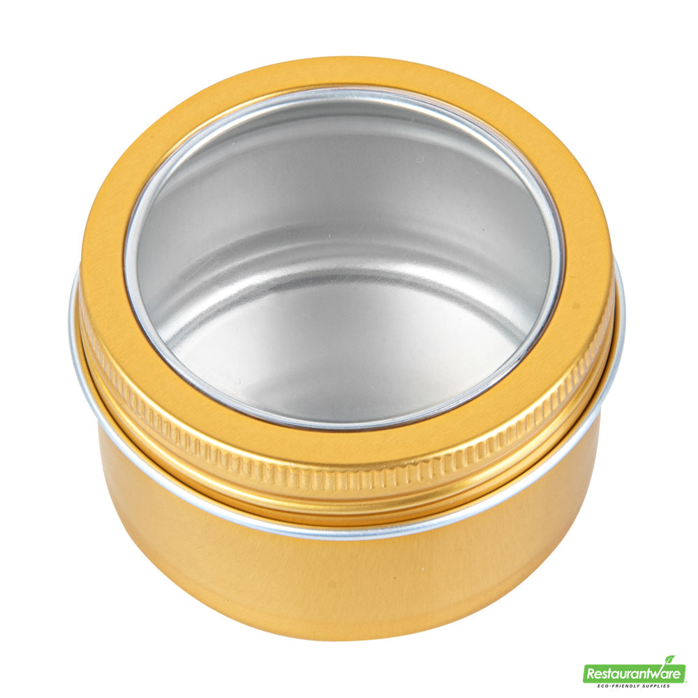 Wholesale Restaurantware 4 Oz Round Gold Tin Container - with Window Lid - 2.7" X 2.7" X 1.7"- Bulk