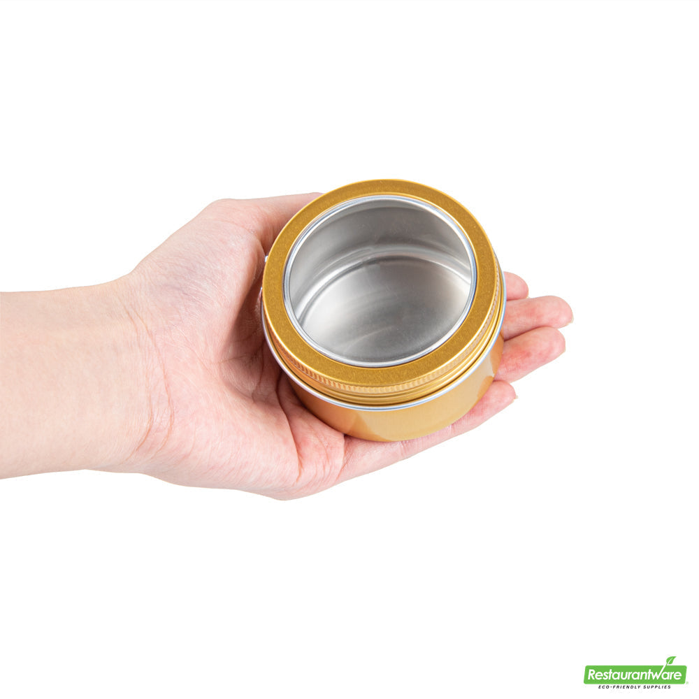 Wholesale Restaurantware 4 Oz Round Gold Tin Container - with Window Lid - 2.7" X 2.7" X 1.7"- Bulk