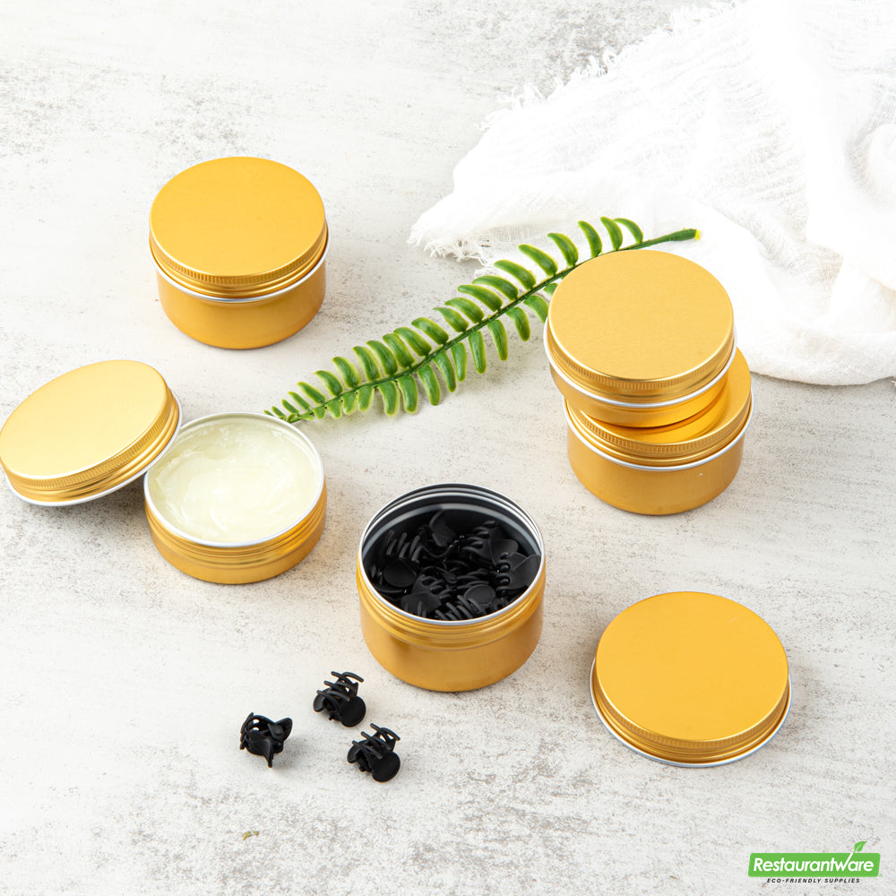 Wholesale Restaurantware RW Base 4 oz Round Gold Tin Container - with Screw Lid- Bulk