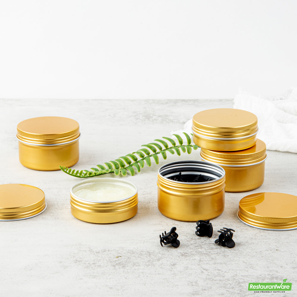 Wholesale Restaurantware RW Base 4 oz Round Gold Tin Container - with Screw Lid- Bulk