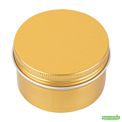 Wholesale Restaurantware RW Base 4 oz Round Gold Tin Container - with Screw Lid- Bulk