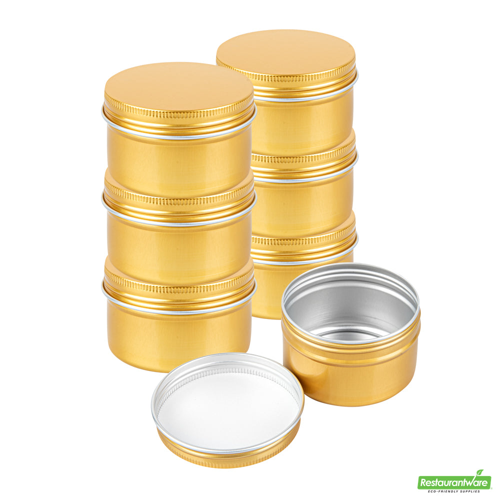 Wholesale Restaurantware RW Base 4 oz Round Gold Tin Container - with Screw Lid- Bulk