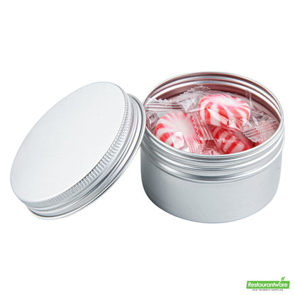 Wholesale Restaurantware RW Base 4 oz Round Silver Tin Container - with Screw Lid- Bulk