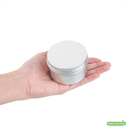 Wholesale Restaurantware RW Base 4 oz Round Silver Tin Container - with Screw Lid- Bulk