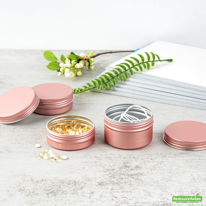 Wholesale Restaurantware 2 Oz Round Rose Gold Tin Container - with Screw Lid- Bulk