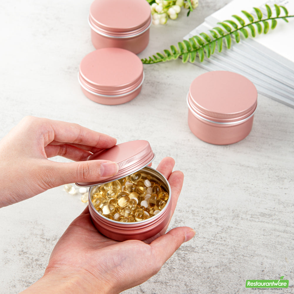 Wholesale Restaurantware 2 Oz Round Rose Gold Tin Container - with Screw Lid- Bulk