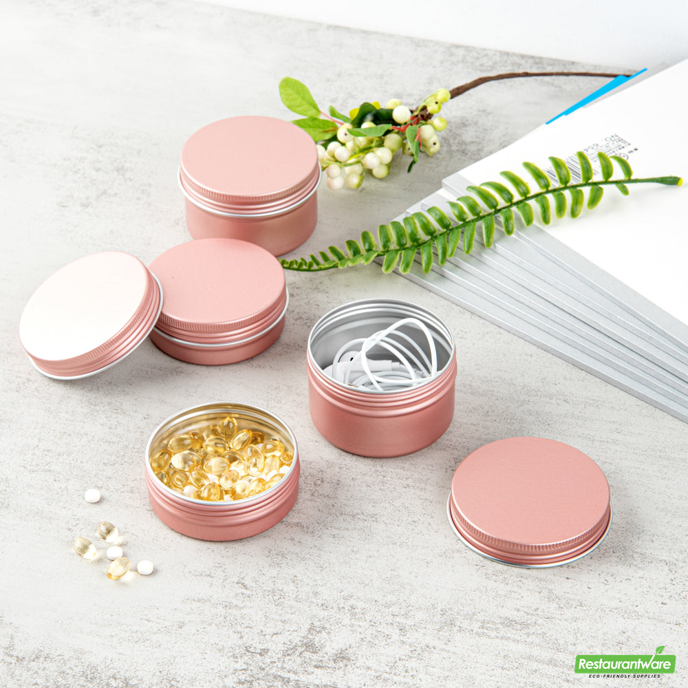Wholesale Restaurantware 2 Oz Round Rose Gold Tin Container - with Screw Lid- Bulk