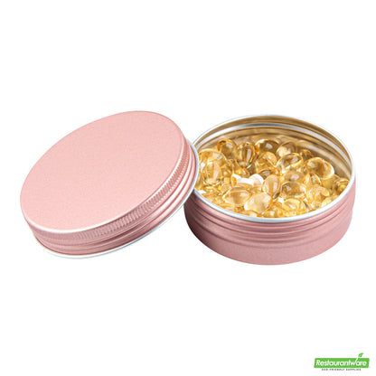 Wholesale Restaurantware 2 Oz Round Rose Gold Tin Container - with Screw Lid- Bulk