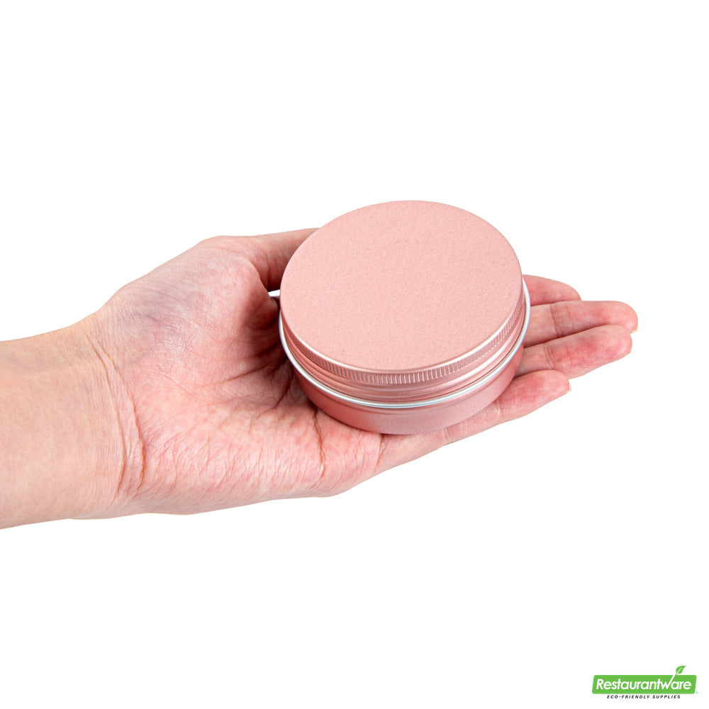 Wholesale Restaurantware 2 Oz Round Rose Gold Tin Container - with Screw Lid- Bulk