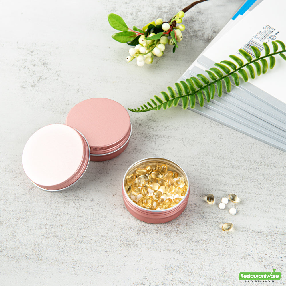 Wholesale Restaurantware 2 Oz Round Rose Gold Tin Container - with Screw Lid- Bulk