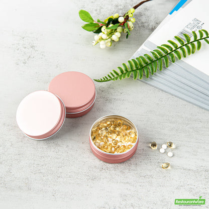 Wholesale Restaurantware 2 Oz Round Rose Gold Tin Container - with Screw Lid- Bulk