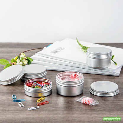 Wholesale Restaurantware 2 Oz Round Silver Tin Container - with Screw Lid- Bulk