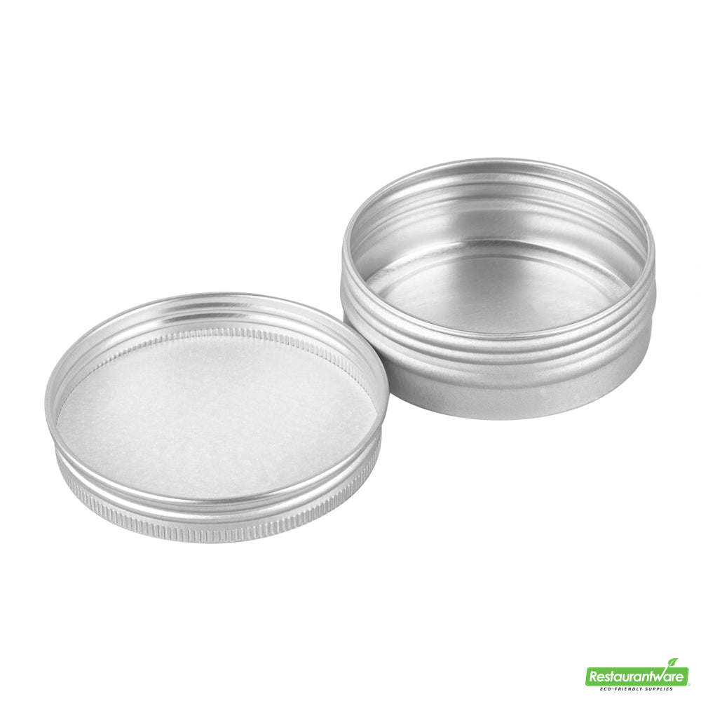 Wholesale Restaurantware 2 Oz Round Silver Tin Container - with Screw Lid- Bulk