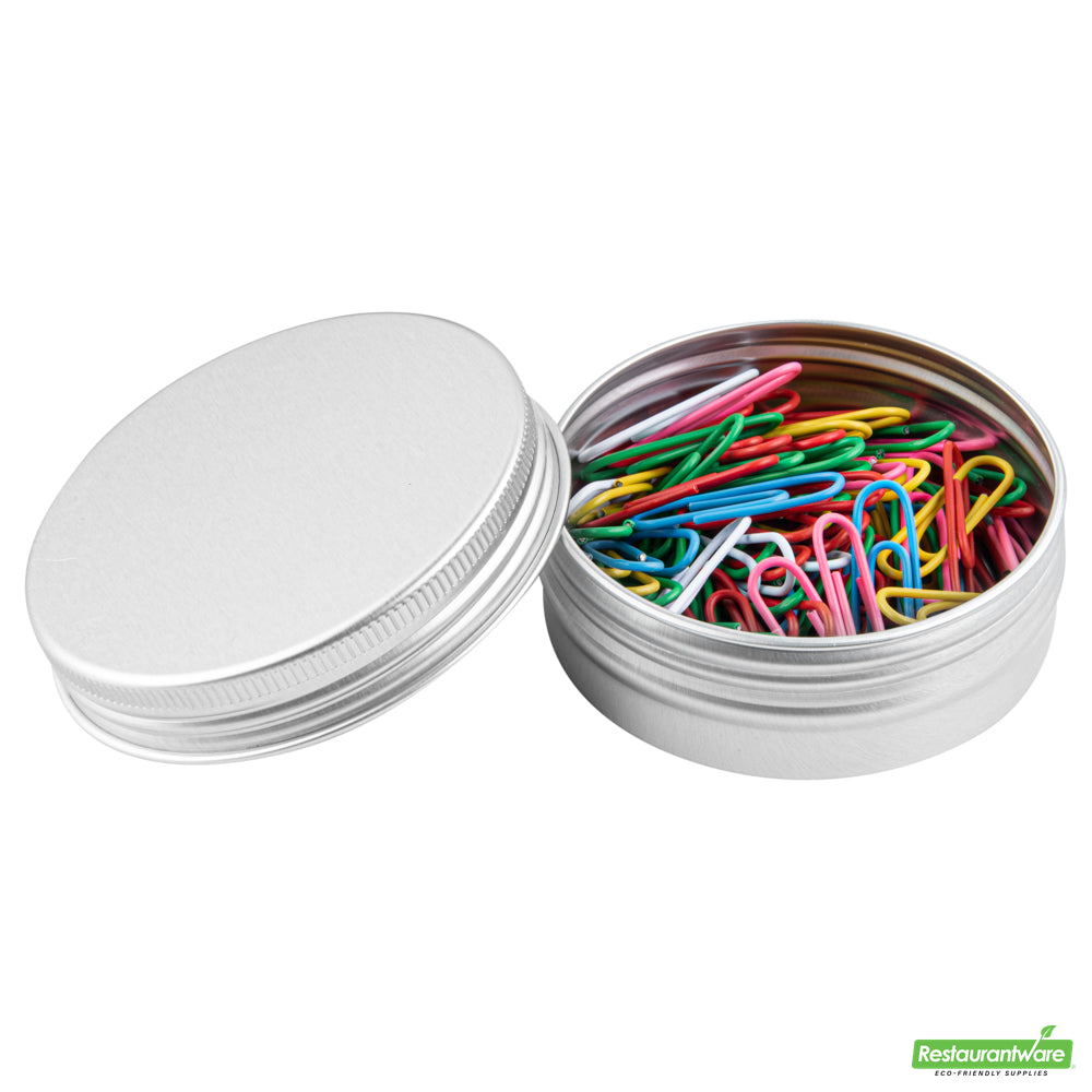 Wholesale Restaurantware 2 Oz Round Silver Tin Container - with Screw Lid- Bulk