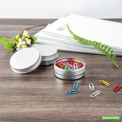 Wholesale Restaurantware 2 Oz Round Silver Tin Container - with Screw Lid- Bulk