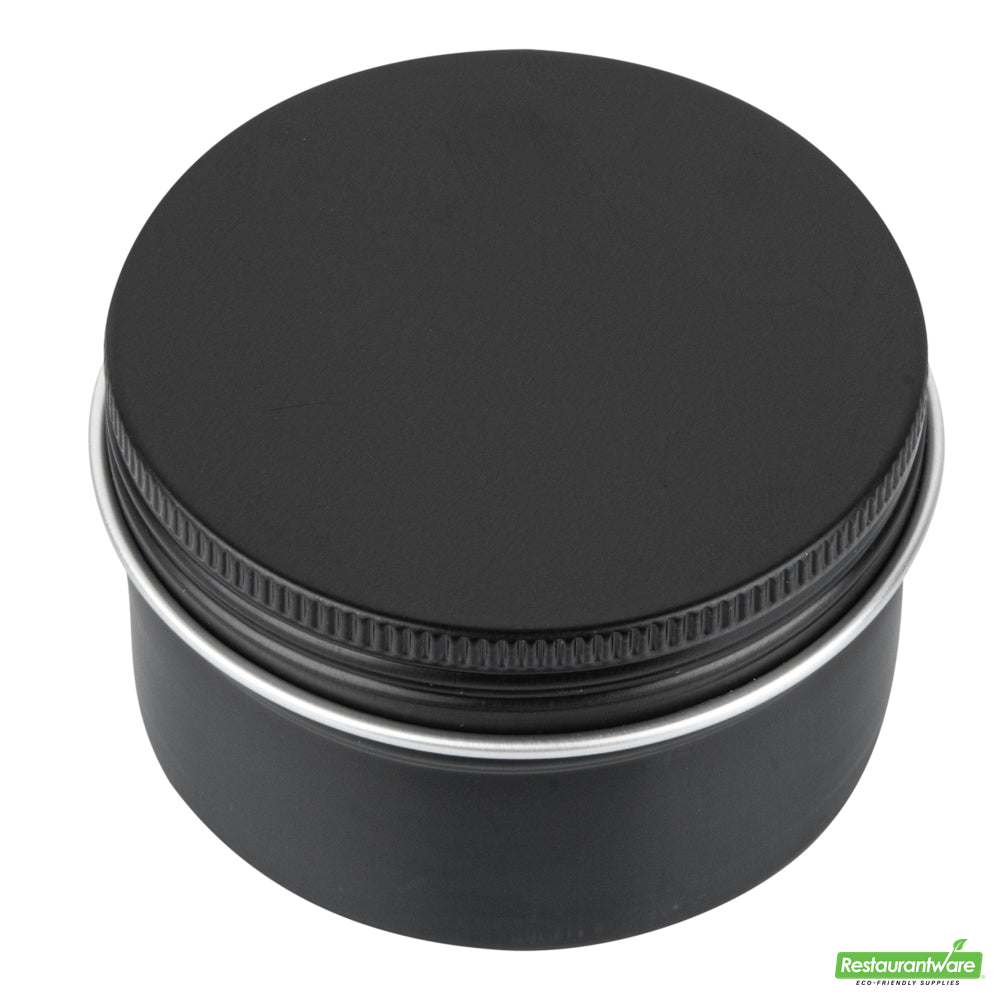 Wholesale Restaurantware RW Base 4 oz Round Black Tin Container - with Screw Lid- Bulk